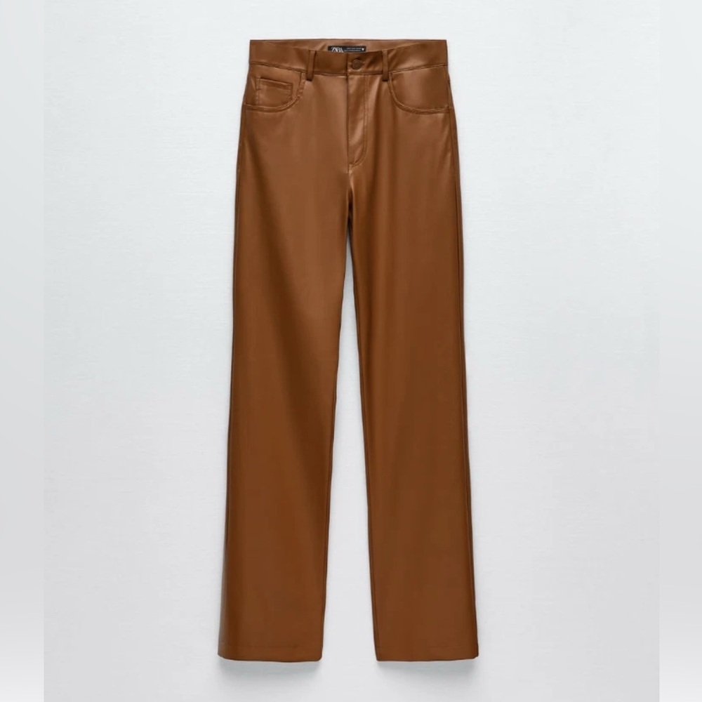 Zara Women’s Full Length Brown Faux Leather Straight Leg Pants